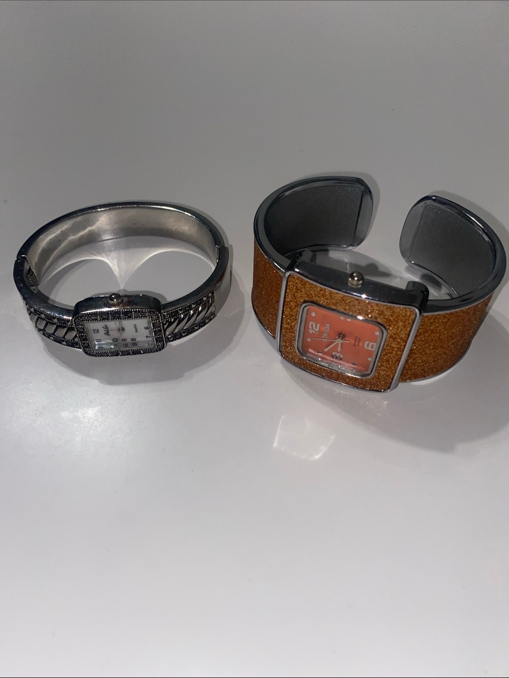 Vintage Silver Tone Watch and Orange Strada Glitter Cuff Watch